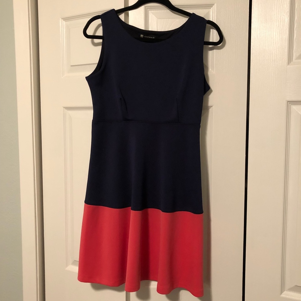 Valerie Bertinelli navy and peach dress